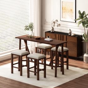 Modern 5-Piece Dining Table Set with Power Outlets,Bar Kitchen Table Set with Upholstered Stools, Easy Assemble, Walnut Table+Beige Stool