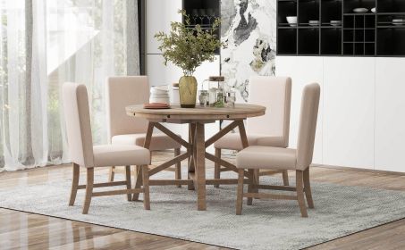 TREXM 5-Piece Retro Functional Dining Set with Extendable Round Table with Removable Middle Leaf and 4 Upholstered Chairs for Dining Room and Living R