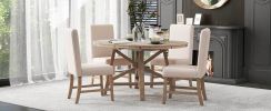 TREXM 5-Piece Retro Functional Dining Set with Extendable Round Table with Removable Middle Leaf and 4 Upholstered Chairs for Dining Room and Living R